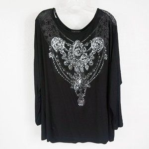 French LaRue Women's 3X Black Lace Sequined Shirt Top Blouse